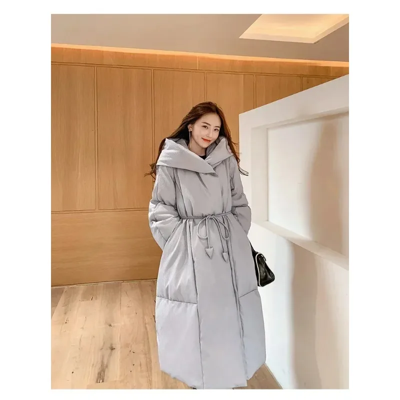 Invierno nuevo abrigo de plumón de pato blanco para mujer hasta la rodilla moda suelta con cordones capucha a prueba de viento Parkas cálidas abrigo de mujer