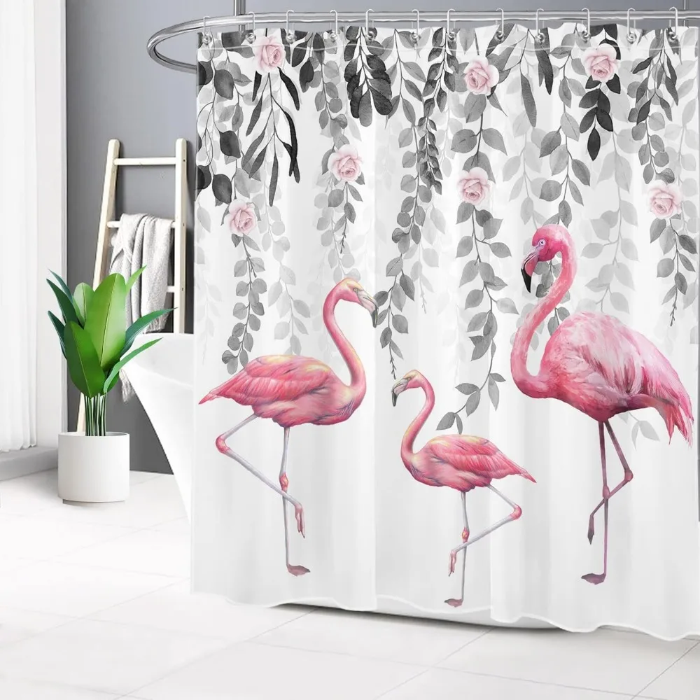 ม่านอาบน้ำฟลามิงโกสีชมพู ใบไม้สีเทา กุหลาบสีชมพู ม่านอาบน้ำลายดอกไม้สำหรับห้องน้ำ ชุดม่านอาบน้ำนกเขตร้อน กันน้ำ