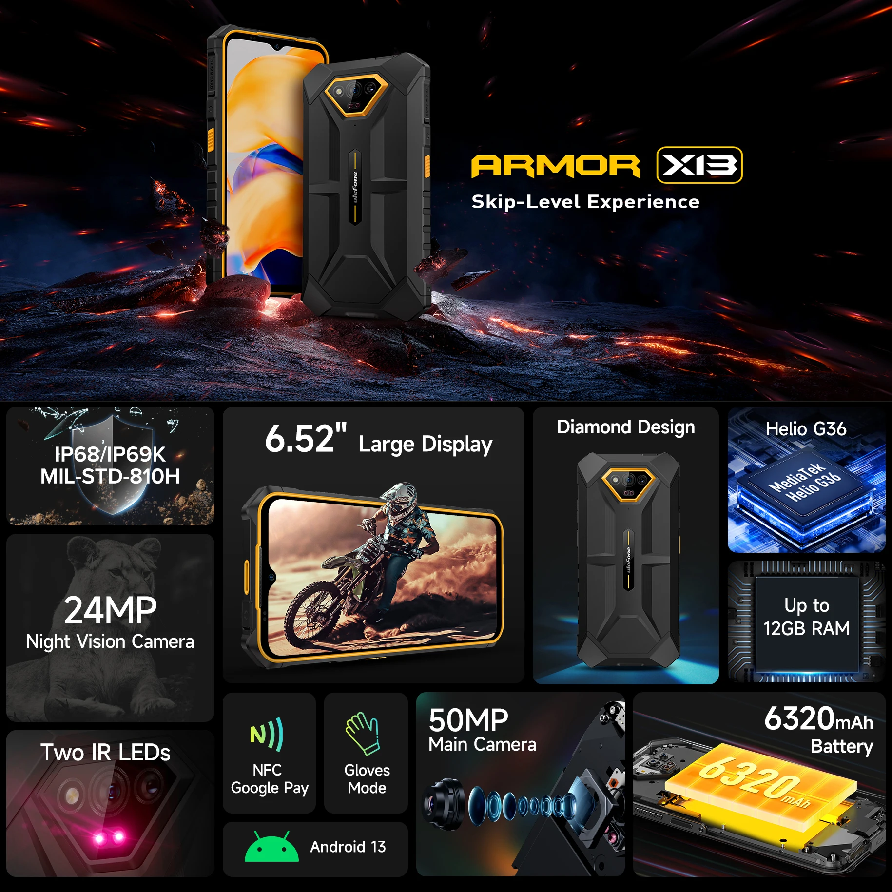 Ulefone Armor X13 ما يصل إلى 12 جيجابايت + 64 جيجا أندرويد 13، 6320 مللي أمبير 50 ميجابكسل 6.52 بوصة NFC 4G، نظام تحديد المواقع الإصدار العالمي #2