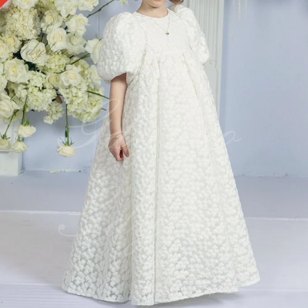 White Balloon Sleeve Flower Girl Dresses for Wedding Hollow Out Lace Long Princess Kids Pageant First Communion Ball Gown