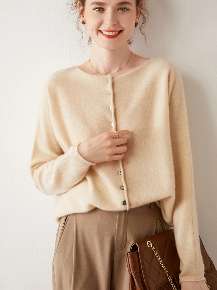 

Autumn Winter Women Cashmere Cardigan Long Sleeve O-Neck Sweaters 100% Cashmere Female Loose Knitwear Clothing Soft Comfortable