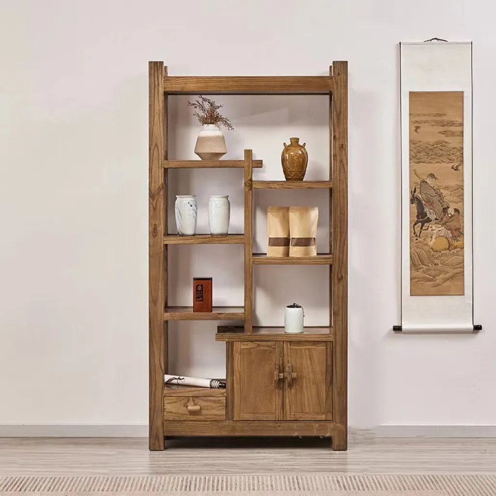 Old elm bogu frame solid wood partition bookcase tea room Duobao Pavilion entrance shelf