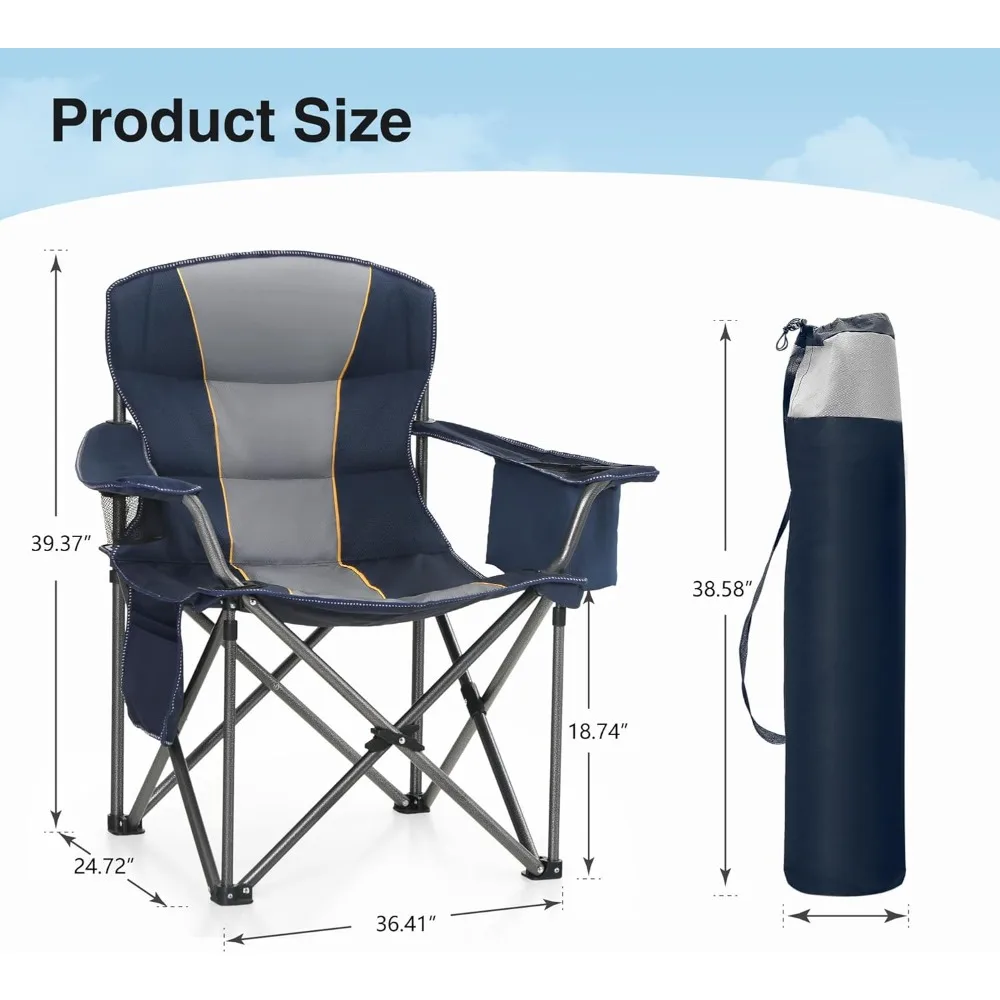 Oversized Portable Camping Folding Chair, Heavy Duty Foldable Outdoor Chair, Camp Chair with Cup Holder and Cooler Bag for Camp,