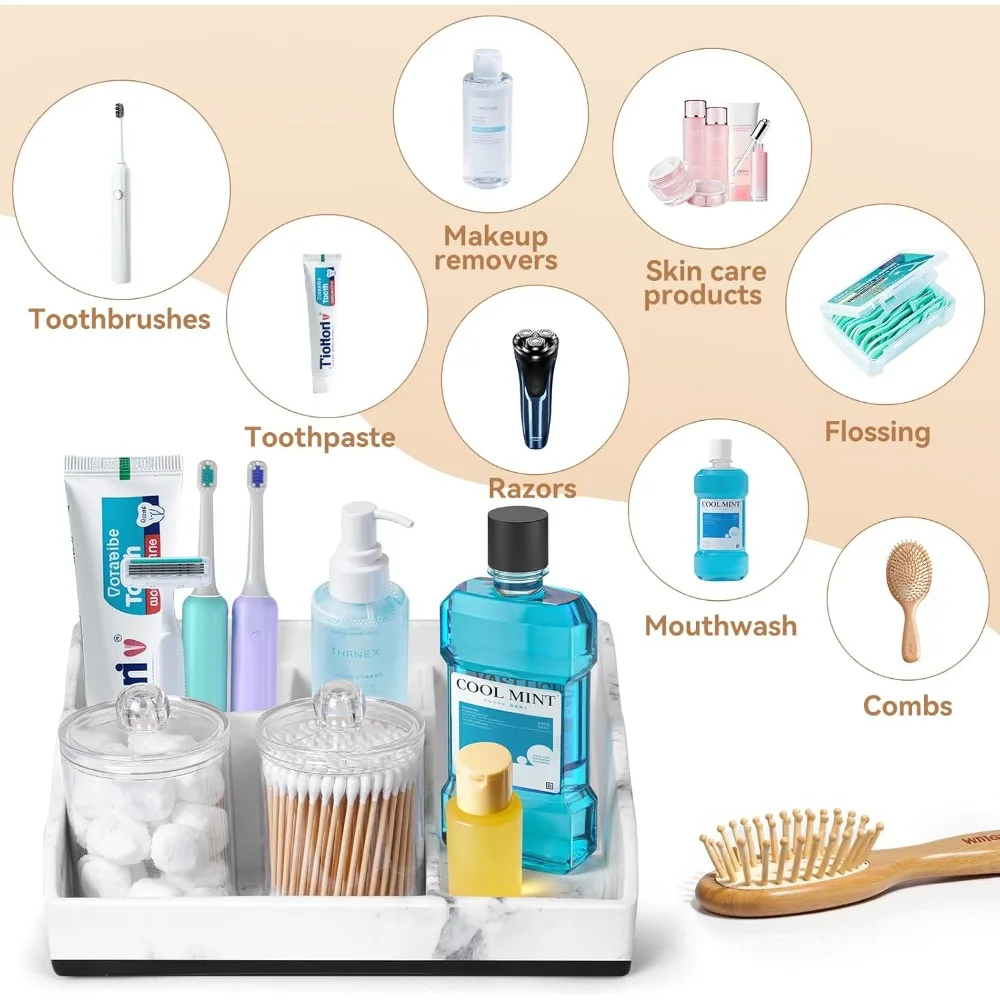 منظم كونترتوب الحمام الرخامي، حامل فرشاة الأسنان للحمام مع قطعتين من موزع حامل Qtip وحامل معجون الأسنان