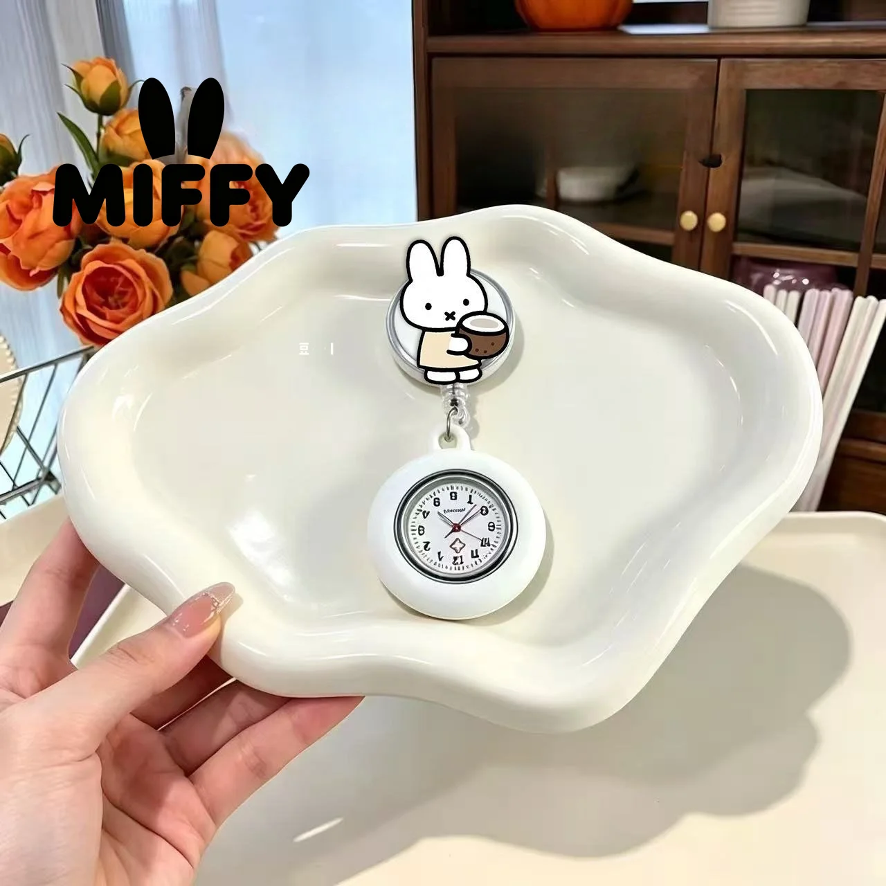Cute Miffy Bunny Pocket Watch Cartoon Rabbit Retractable Clip-On Clock Kawaii Portable Lapel Watch Gift for Students Nurses view 2