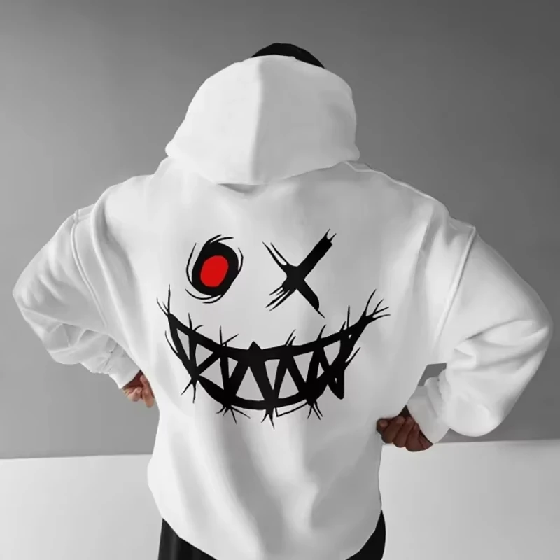 

2025 Autumn/Winter Fun and terrifying smiling face printed hooded sweatshirt loose and casual men's and women's sportswear top