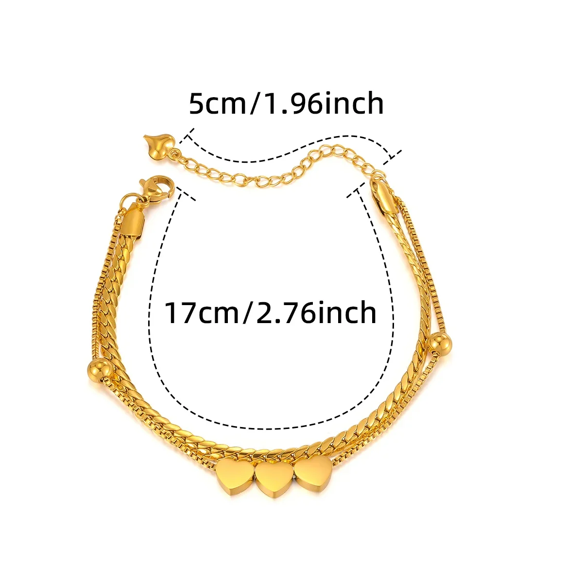 Double Layered Gold Color Stainless Steel Charm Heart Chain Bracelet Adjustable for Women Casual Party Jewelry for Girls