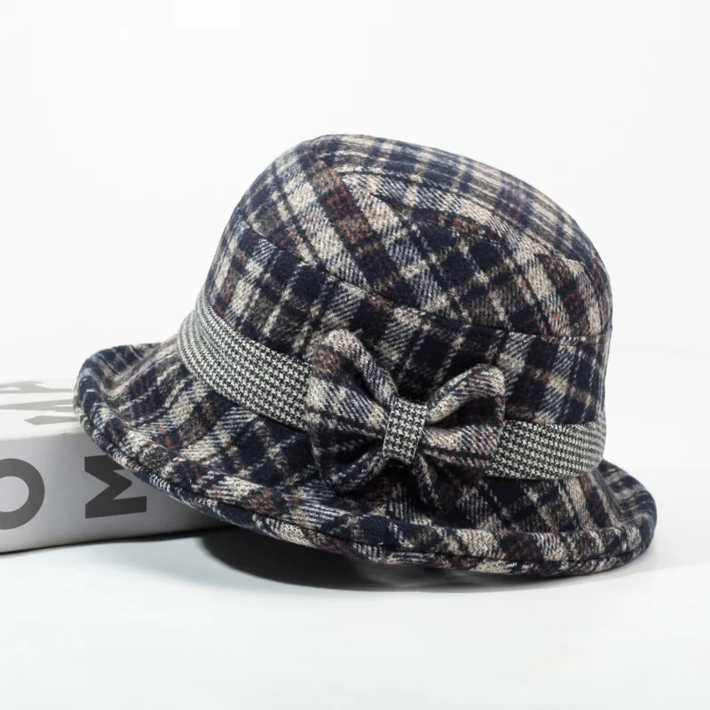 Autumn/Winter Thickened Mum Hat Cotton Grandma Checked Bucket Hat Warm Fisherman's Hat for Middle-Aged and Elderly Ladies