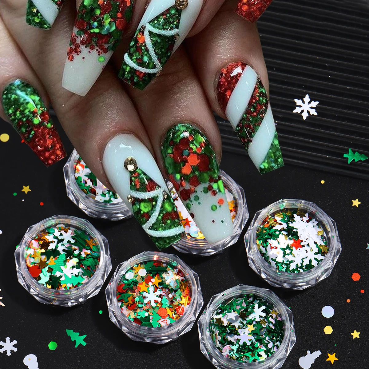 กลิตเตอร์เลื่อมตกแต่งต้นคริสต์มาส ลายเกล็ดหิมะสีขาว ดาว ฮอลลี่ ตุ๊กตาหิมะ ลายจุด สำหรับตกแต่งในเทศกาลวันหยุด