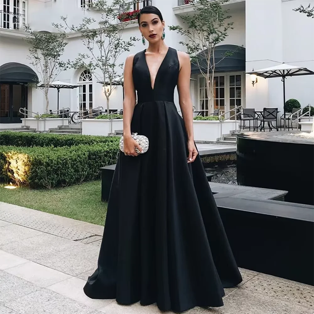 

Vintage V-Neck Prom Dresses Sleeveless Strapless With Pocket Floor Length A-Line Formal Event Banquet Evening Party Gowns