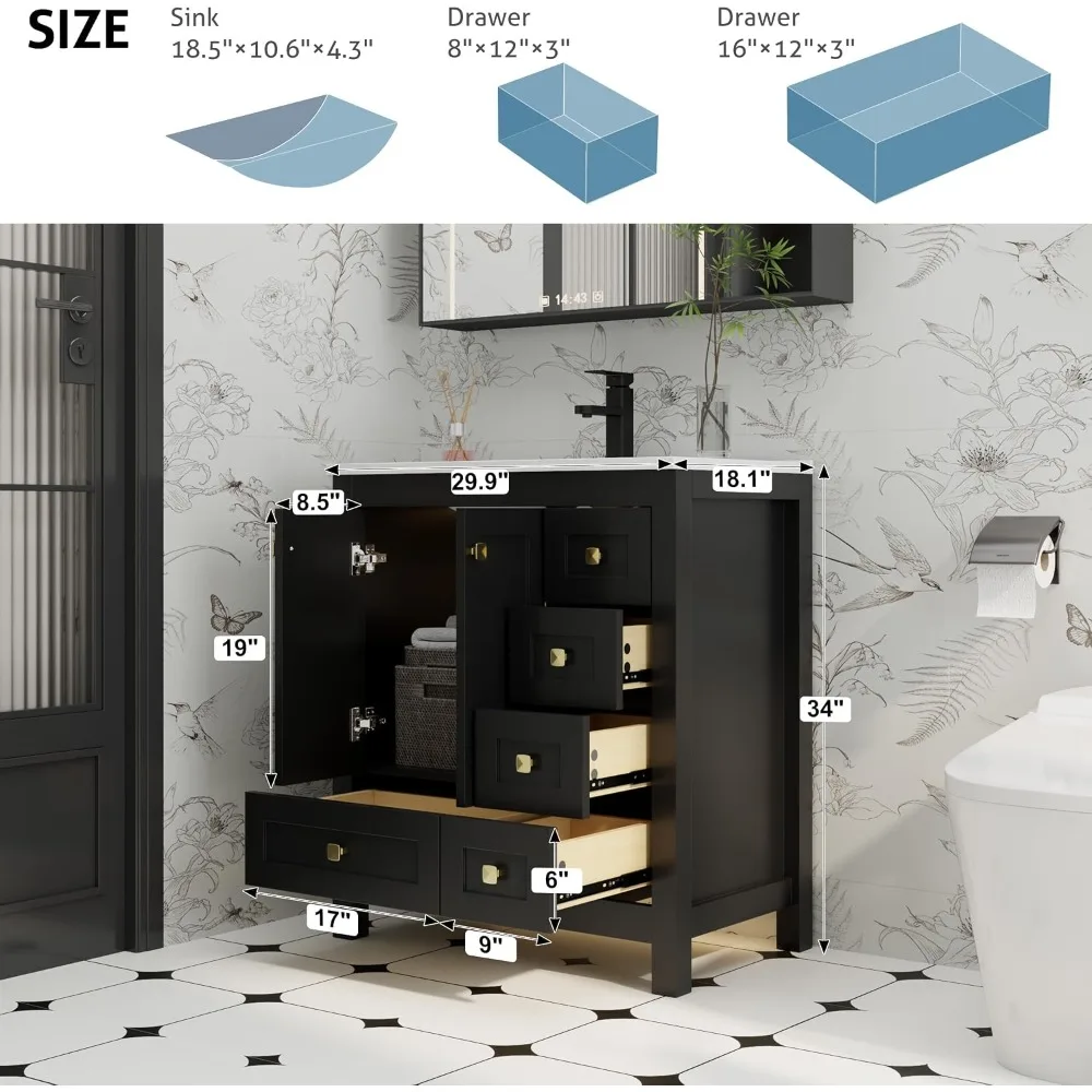 30 inch wood bathroom vanity with sink undermount white sink, matte black faucet drain