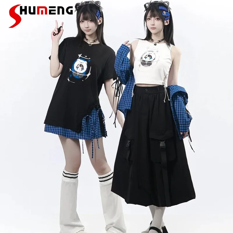 

Dark Blue Plaid Shirt T Shirt Summer Contrast Color Short Sleeves Camisoles Long Dress Slim Fit Midi Skirt Women's Daily Wear