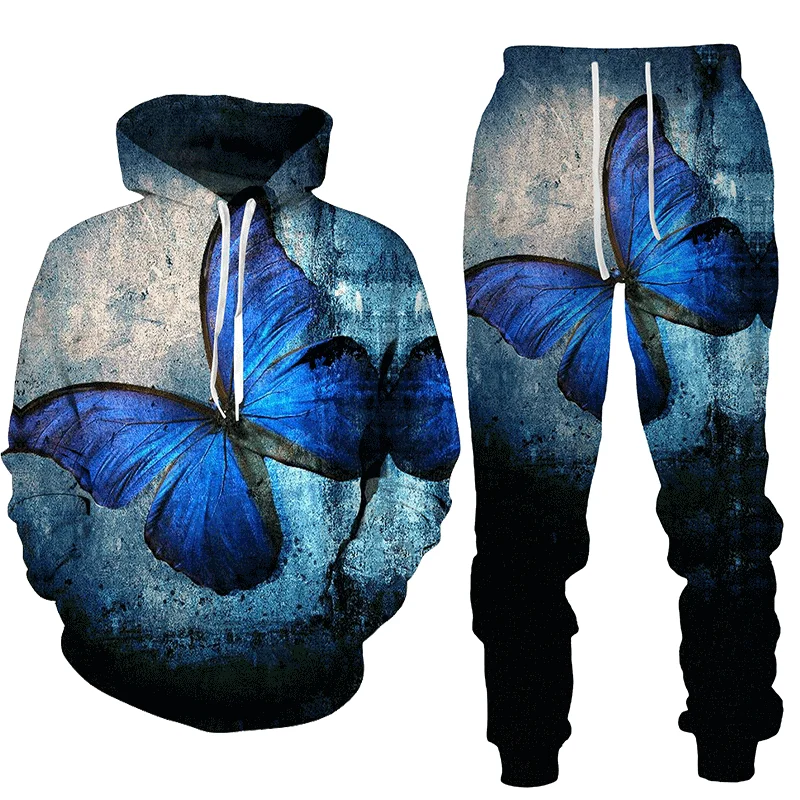 Tuta da donna 3D Butterfly Print felpa con cappuccio Sweatshit Set di due pezzi maglione femminile Pullover pantaloni tuta Casual abbigliamento donna