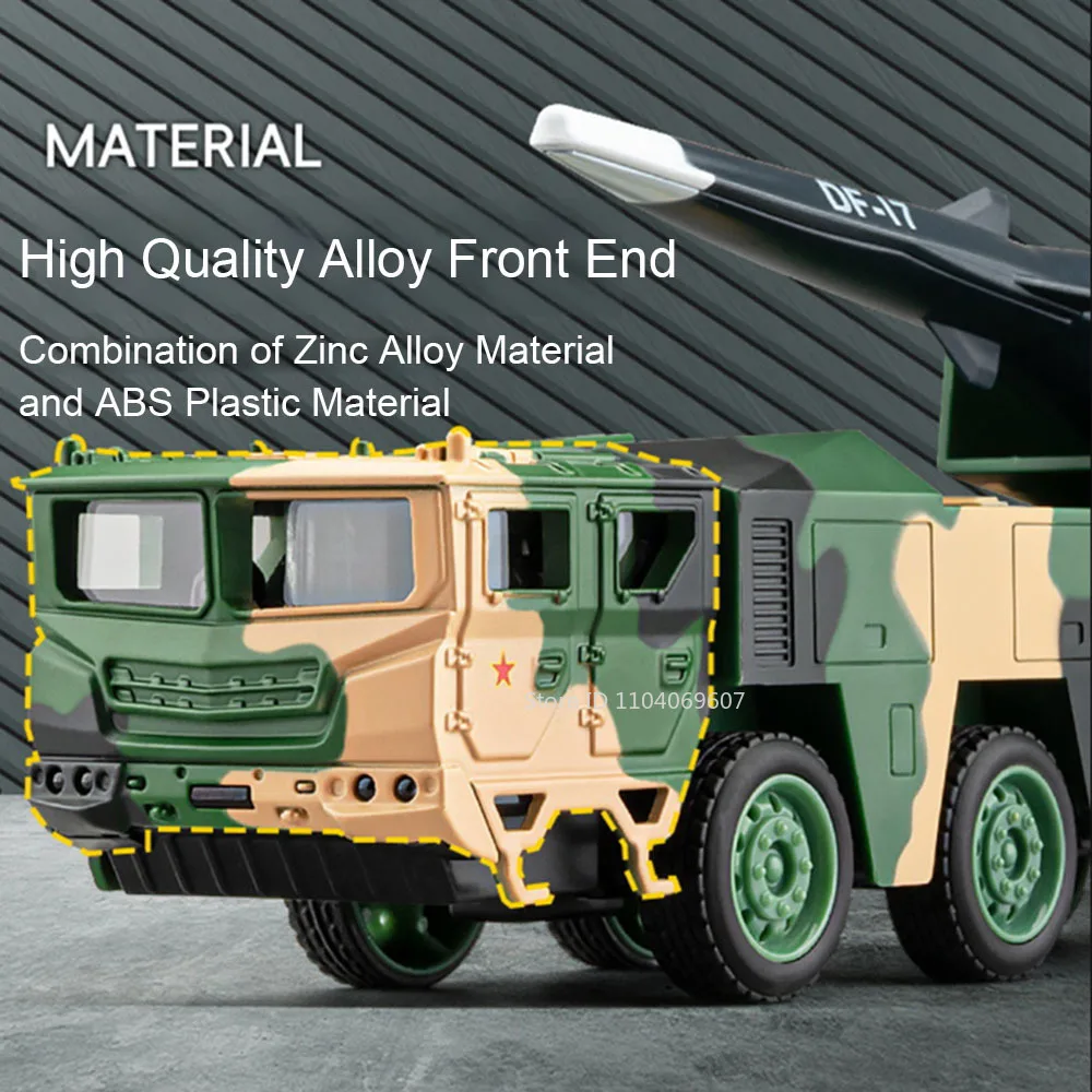 1:50 Dongfeng 17 Missile Launch Toy Car Models Alloy Diecast Sound Light Simulation Military Engineering Vehicle Gifts for Boys