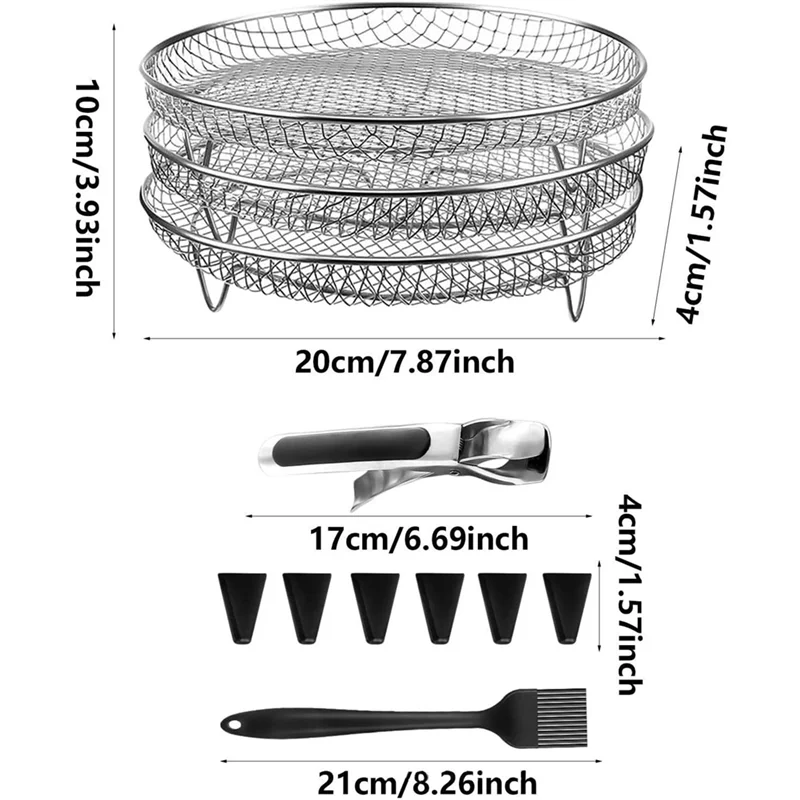 Air Fryer Rack Stainless Stackable Grid Grilling Rack for Ninja Air Fryer Basket+Heightening Feet Dish Clamp Oil Brush