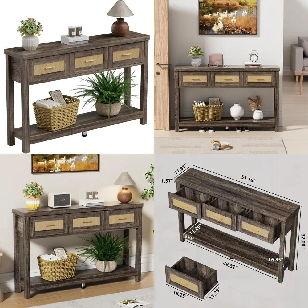 طاولة كونسول ضيقة من طبقتين على الطراز الصناعي مع 3 أدراج ورف تخزين للمدخل والأريكة #1