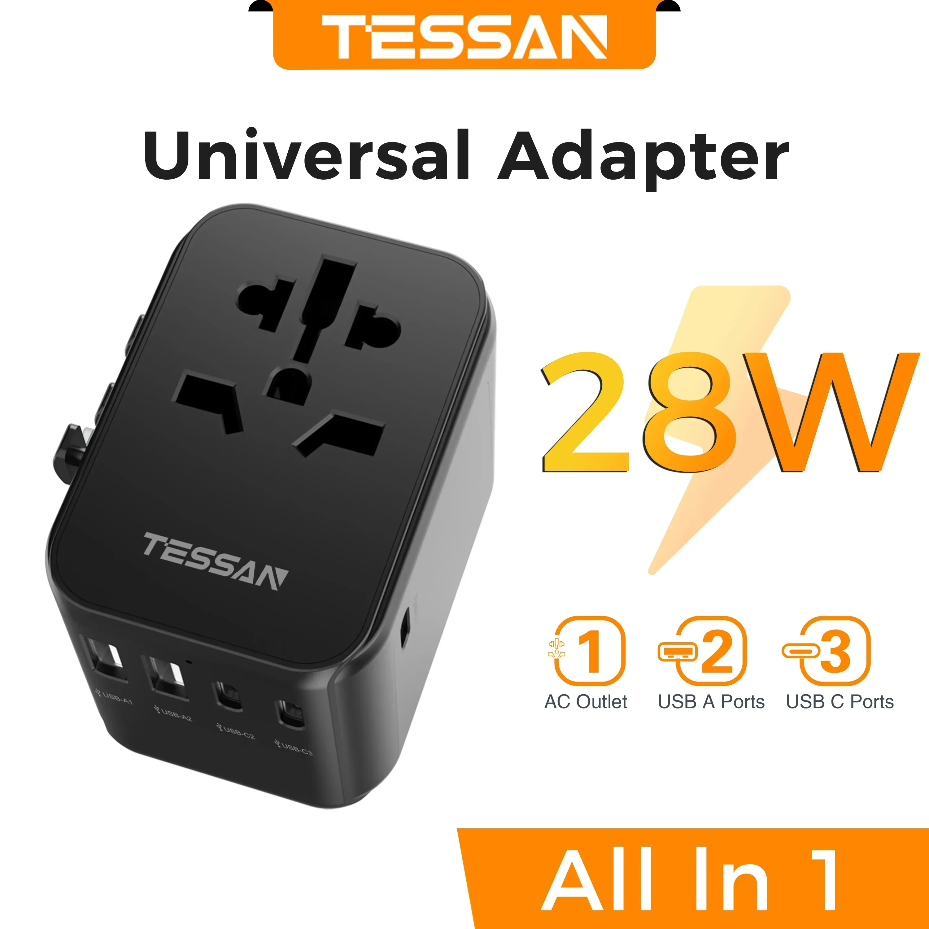 TESSAN Universal Travel Adapter with USB Port and Type C, Worldwide Power Adapter EU/UK/USA/AUS Plug for International Travel image 3