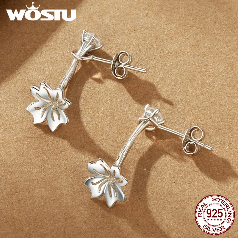 WOSTU 925 Sterling Silver Hollow Butterfly Leaf Stud Earrings For Women Unique Flower Drop Dangle Earring Wedding Party Gift