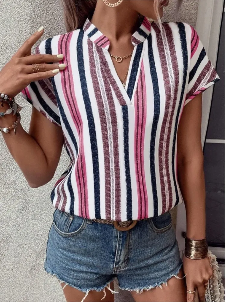 Women\'s Top Blouses Spring And Summer Casual New Striped Print V-neck Bat Short Sleeve Shirt T-shirt Elegant Women Streetwear