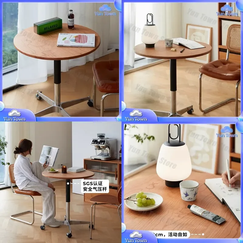 Massivholz Kleiner Runder Tisch für Wohnzimmer Couchtisch für Kleine Wohnungen Kirschholz Beweglicher Höhenverstellbarer Beistelltisch für Sofa