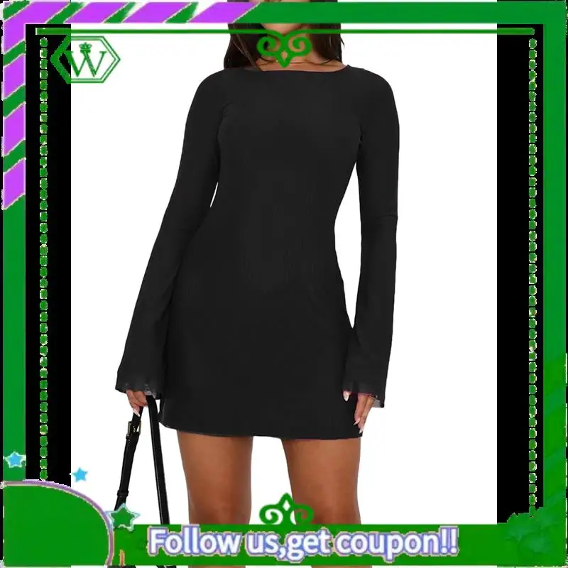 A18P-Mini abito da donna a maniche lunghe con scollo a barca, maniche a campana in rete, allacciatura sul retro, aderente, senza schienale, corto Y2k