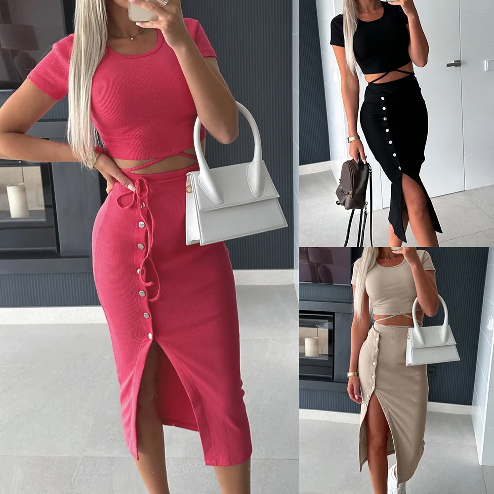 2PCS 2024 Summer Top+Skirt Set Women Solid Short Sleeve Slim T shirts Tops+Sexy Split Skirt Dress Holiday Outfit Fashion Clothes