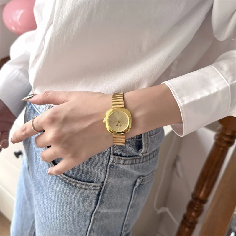 

Роскошные брендовые золотые часы для женщин, модные простые кварцевые часы, регулируемый ремешок из нержавеющей стали, наручные часы женские
