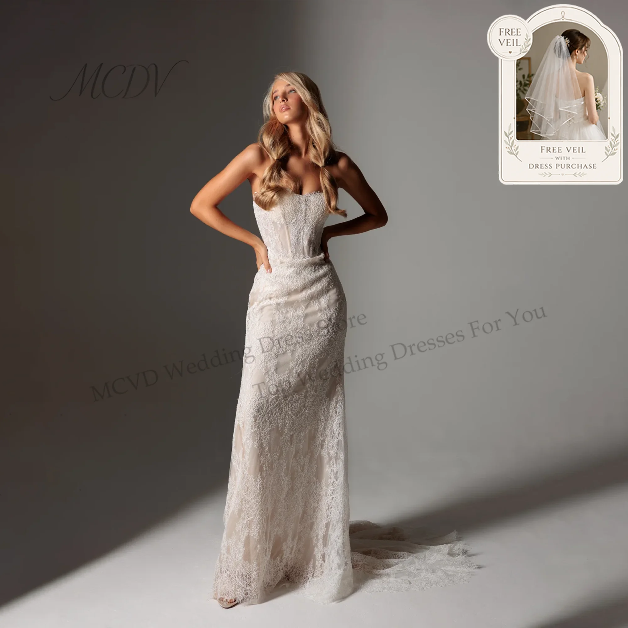 Vestidos de novia de encaje sin tirantes, estilo sirena, con apliques vintage, cola larga, vestidos de novia corte sirena, personalizados
