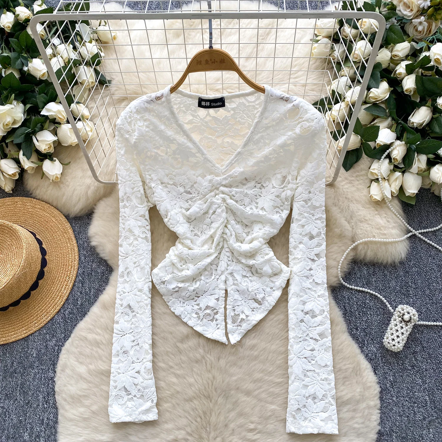 

Sexy long sleeve pleated lace slim Tanks Chic Women Party Top Y2k High Street women clothing