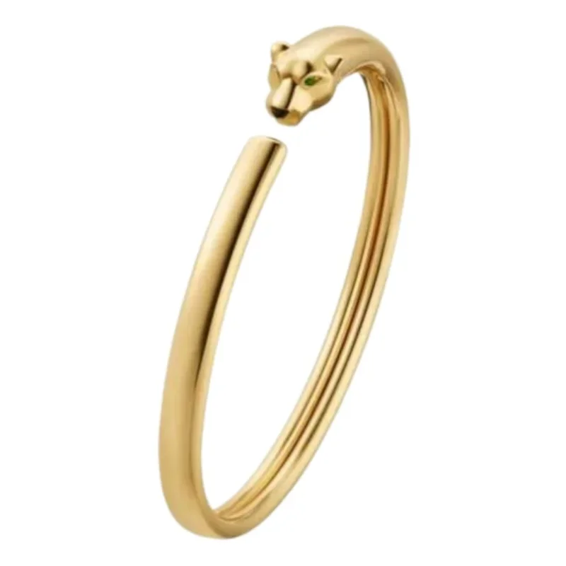 

Gold Panther Head Open Cuff Bracelet with Emerald Eyes