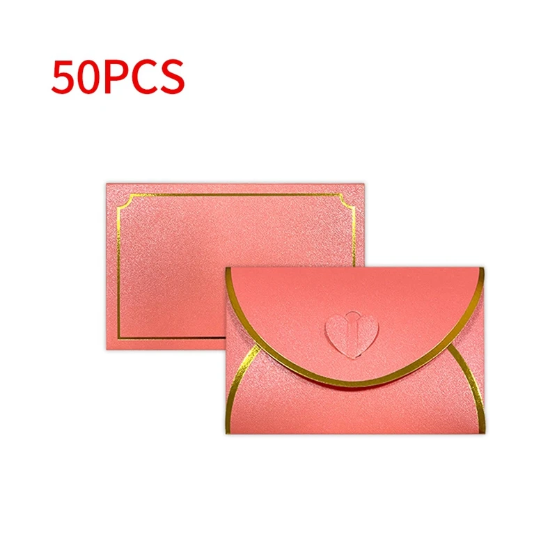 50Pcs Gift Card Envelopes With Love Buckle Envelopes With Gold Border Business High-End Envelope For Note Cards, Wedding Pink