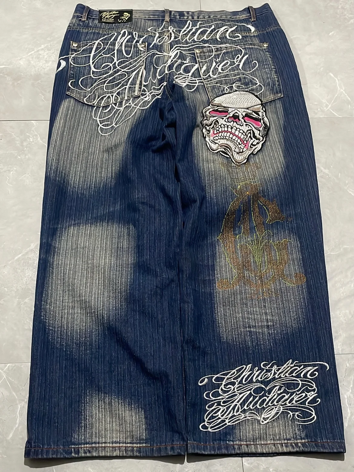 Calças Jeans Unissex de Cintura Alta com Bordado de Letras de Caveira, Lavadas, Estilo Y2K Gótico Punk Retrô, Corte Reto Oversized, Comprimento Longo