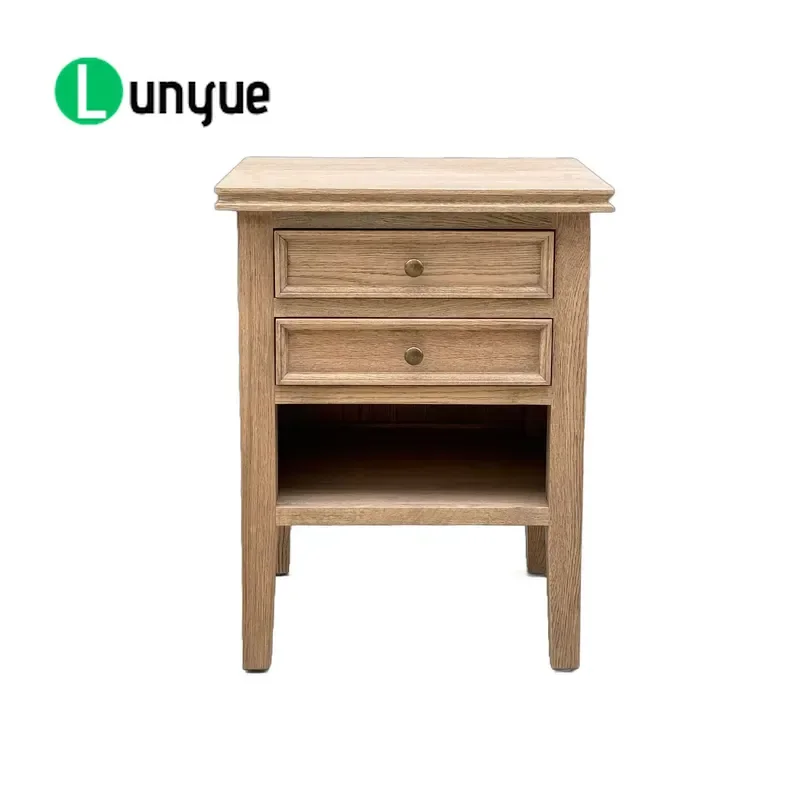 French Antique Style Handmade Solid Oak Bedside Table with 2 Drawers and Locker Bedroom Furniture Storage Nightstand