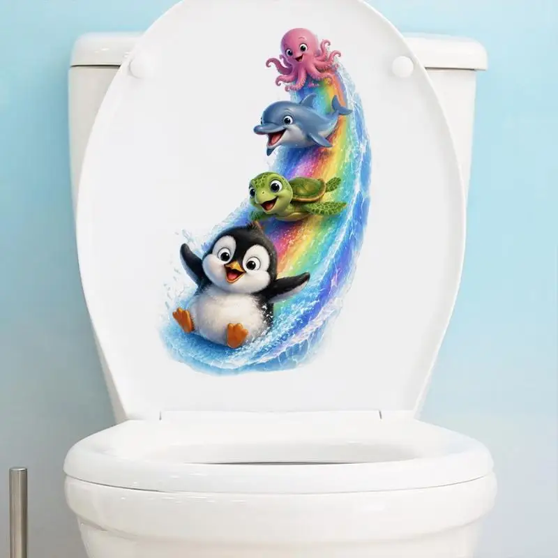 Cute Cartoon Sea Animal Toilet Lid Decal Waterproof Easy Peel Self-Adhesive Sticker for Holiday Bathroom Decor 1PCS