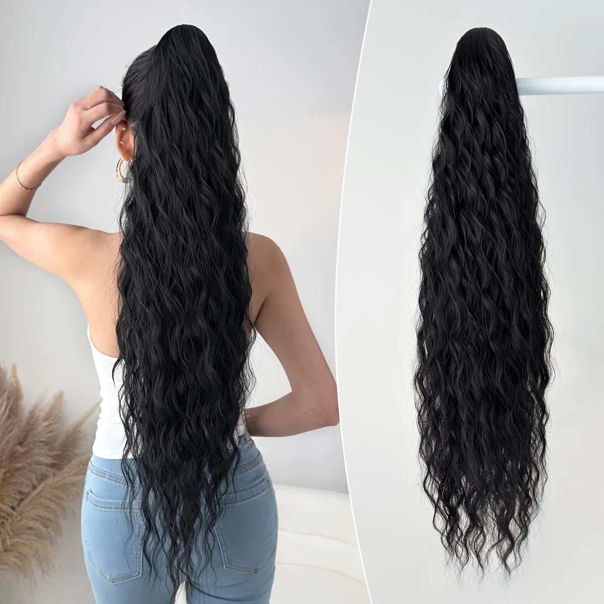 Postizo sintético ondulado largo y rizado de 32 pulgadas con extensión de cola de caballo con clip en garra en negro y marrón, perfecto para fiestas de mujeres.