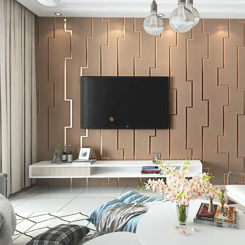 modern Chinese velvet wallpaper simple bedroom living room stripe 3D TV background wall wallpaper wholesale