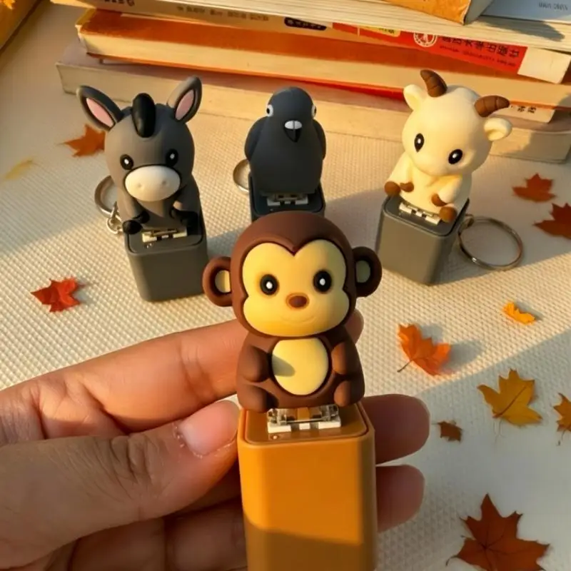 Funny Animal Fidget Keychain with Illuminated Clicker Monkey Lamb Pigeon Donkey Anxiety Relief Toy for Backpack Pendant