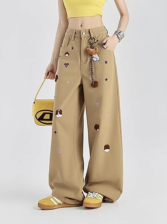 

Женские брюки-карго цвета хаки с широкими штанинами, высокой талией, вышивкой медведя, свободные прямые брюки, зимние новые повседневные брюки