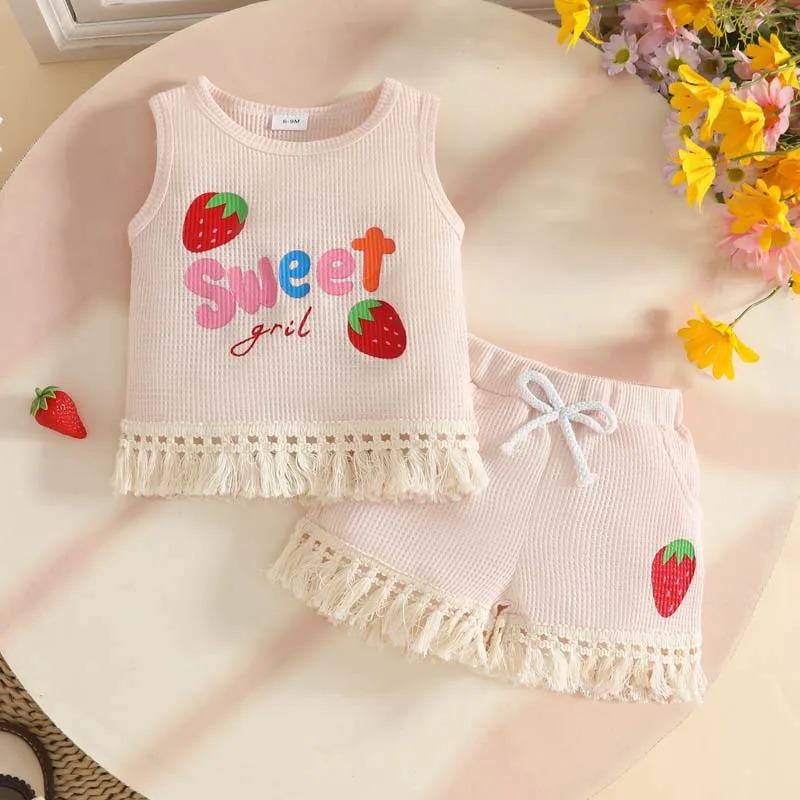 Baby Girl Clothing Fashion 1-3Y Outfits Summer Strawberry Print Sleeveless Vest Tops and Elastic-Waist Shorts Toddlers Girls Set