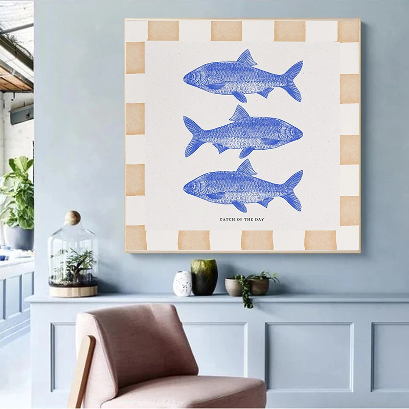 Catch of The Day Salmon Blue Sketch Sealife Animals Trendy Illustration Poster Canvas Painting Wall Art Pictures Home Decor