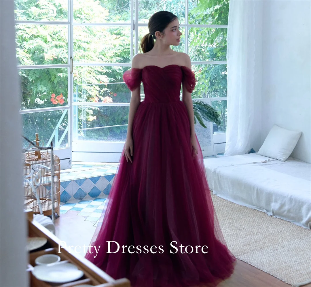 

Off the Shoulder Evening Dresses Tulle Customized Dark Red Floor Length Ruched Simple Party Prom Gowns Formal vestidos de fiesta