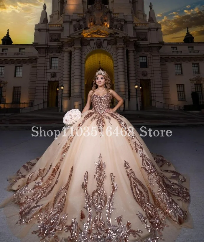 Champagne Luxury Princess 15 Quinceanera Dresses Cathedral Train Crystal Applique Glitter Mexico 16 year old vestidos de 15 años