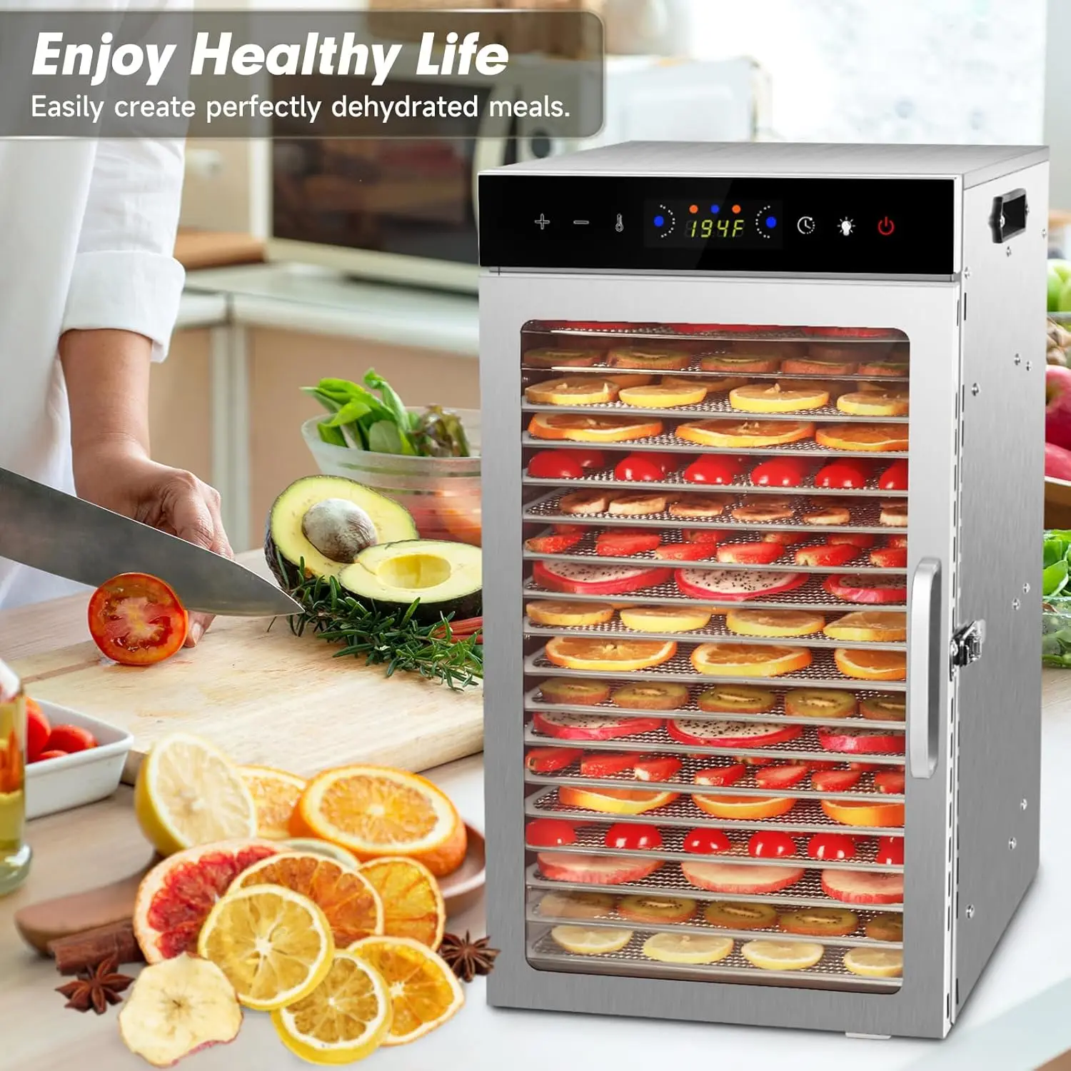 Food Dehydrator Machine 800W 18 Trays Stainless Steel with 24H Timer Touch-Control LED Display  for Meat Vegetables