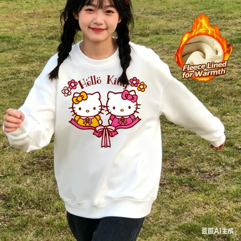 

2025 Sanrio Series Printed Crew Neck Long-Sleeve Top, Cute and Warm Fleece-Lined Crew Neck Long-Sleeve T-Shirt, 100% Cotton
