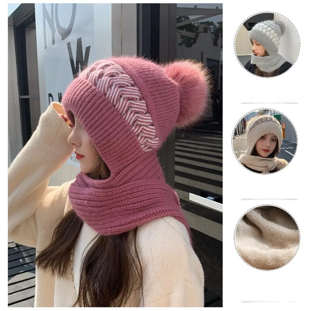 Wintermütze, Schal-Set, integrierte Schneemütze für Damen mit Fleece-Futter, verdickte Wolle, Strickmütze mit Gehörschutz-Zubehör