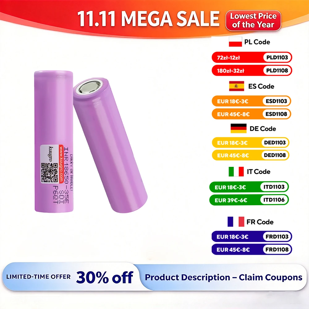 Oryginalna bateria litowa 18650 3500mAh 3.7V INR18650-35E, akumulator do wielokrotnego ładowania, ciągłe wypłycenie 10A, możliwość łączenia równoległego i szeregowego. — zdjęcie produktu 1