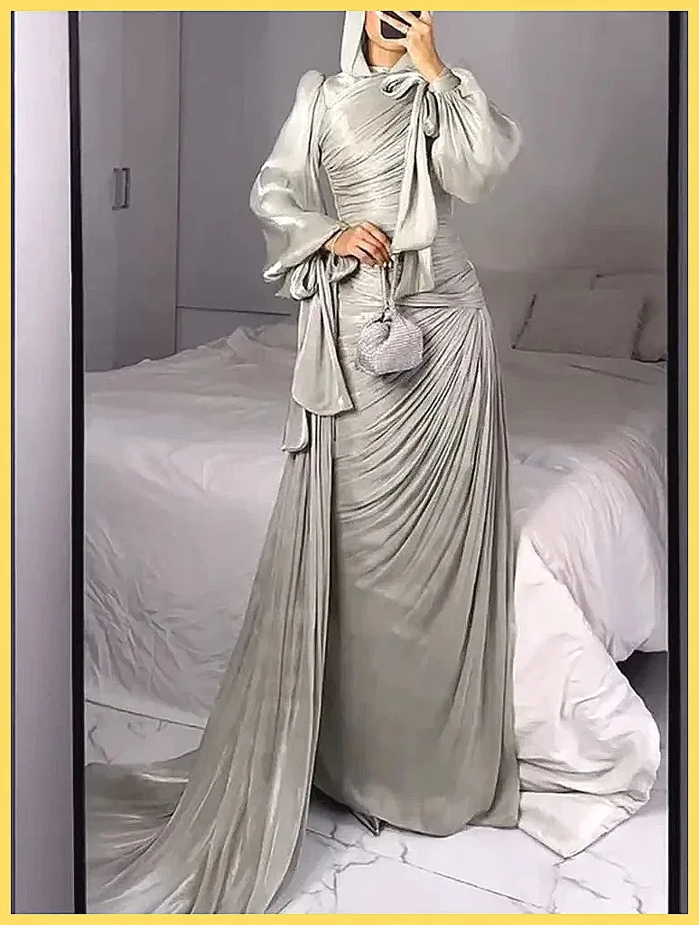 Elegant Pleated Maxi Dress for Women, High Waist Long Sleeve Evening Gown for Party Banquet