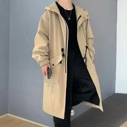 Autumn Winter New Fashion Hoodies Solid Medium Long Styles Trench Men's Clothing Korean Zipper Pockets Trend Young All-match Top