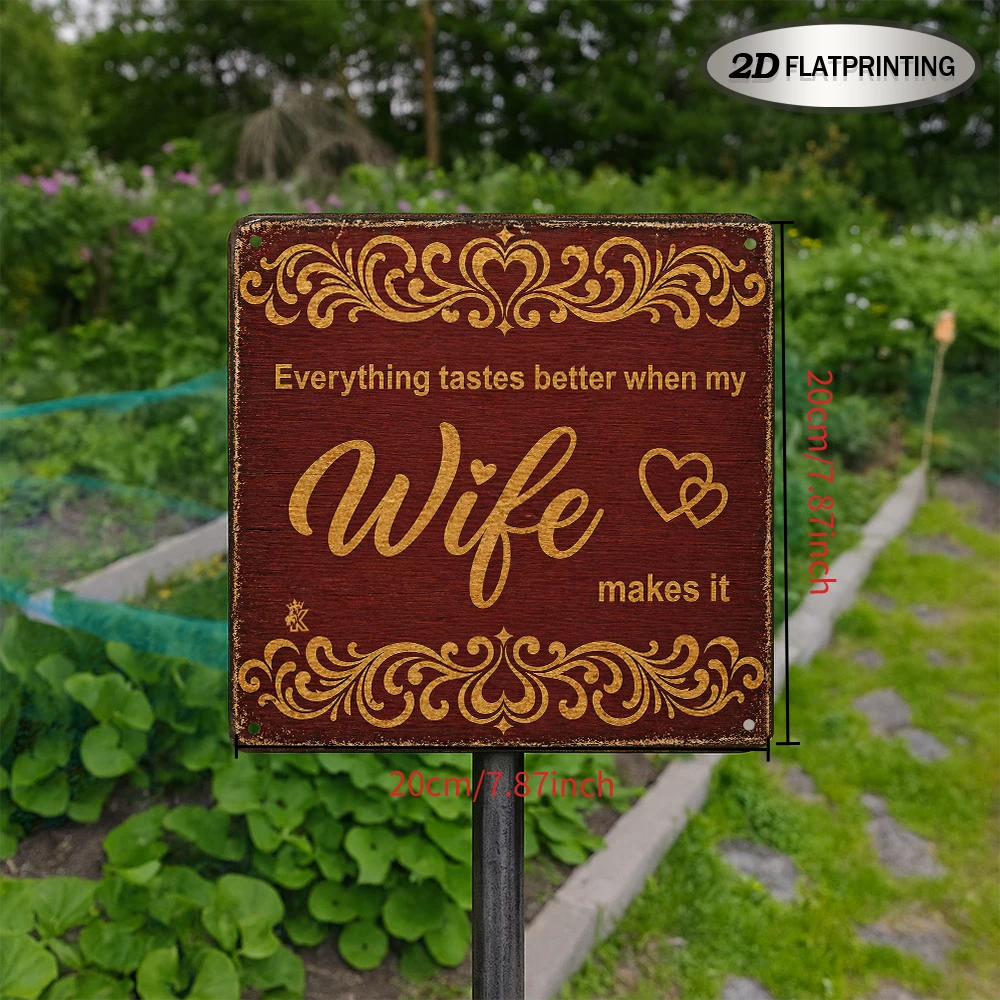 Vintage Metal Tin Sign, Everything Tastes Better When My Wife Makes It Golden Floral Rust Square Plaque, 2D Flat Home Wall Decor
