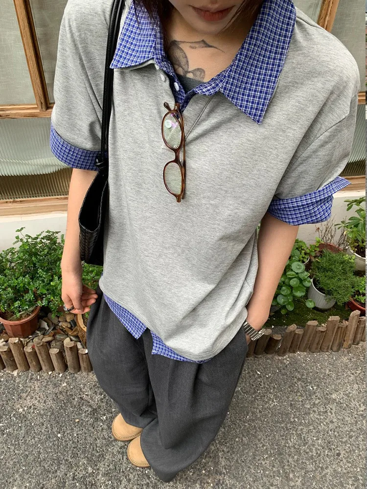 Off Campus Same Style Campus Style Short Sleeves Fake two piece patchwork grid polo collar short